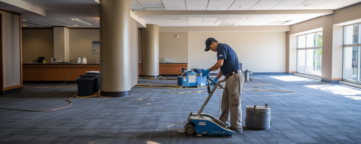 Man using machine to pull up high pile carpeting in an office space