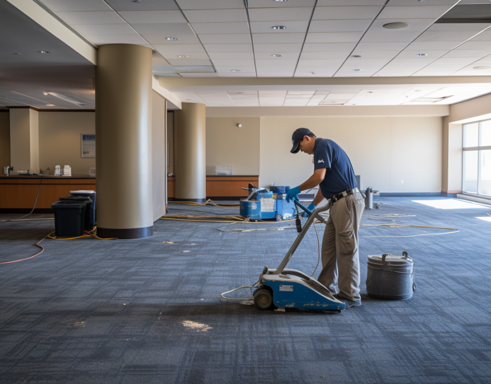 Man using machine to pull up high pile carpeting in an office space