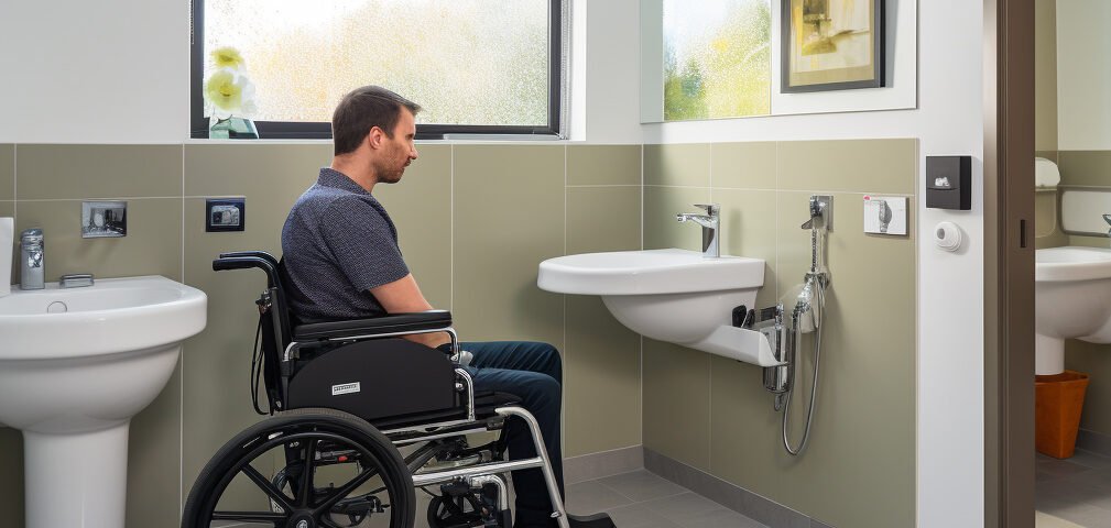 Disabled man in wheelchair in a bathroom with inaccessible mirror