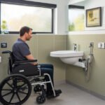 Disabled man in wheelchair in a bathroom with inaccessible mirror