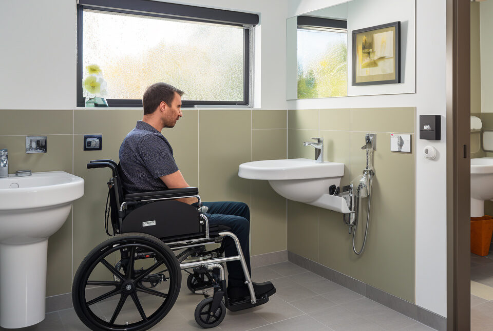Disabled man in wheelchair in a bathroom with inaccessible mirror