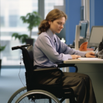 Woman in a wheelchair at an office using a phone