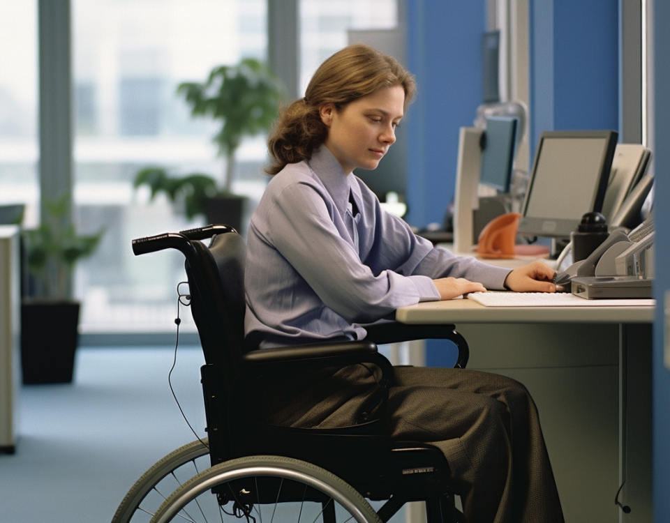 Woman in a wheelchair at an office using a phone