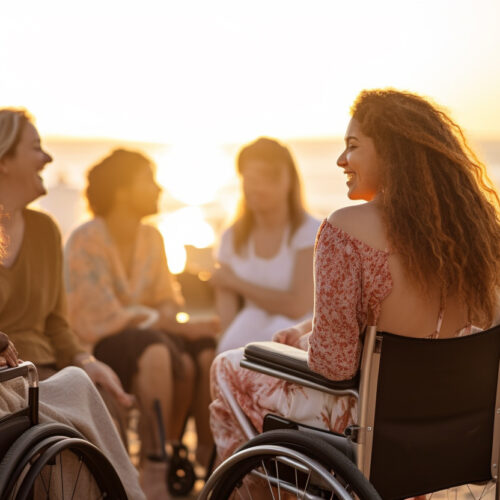 Woman in wheelchair talking to friends on beach