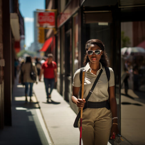 Blind woman walking in a city