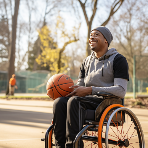 Man in wheelchair with basketball on court