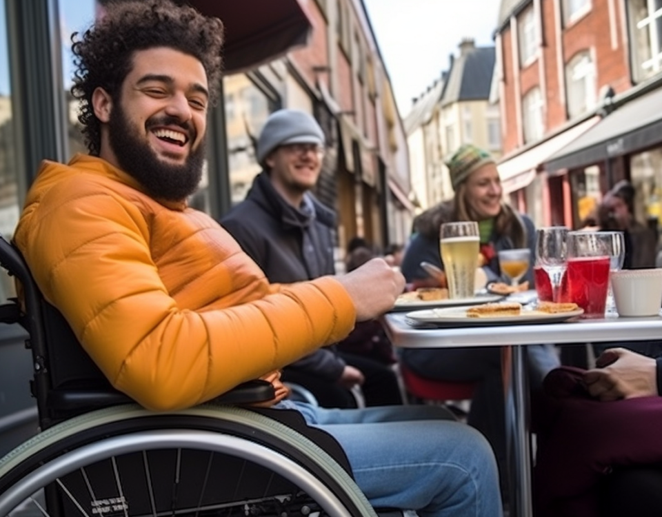 Man in wheelchair sitting at outside table at a bistro