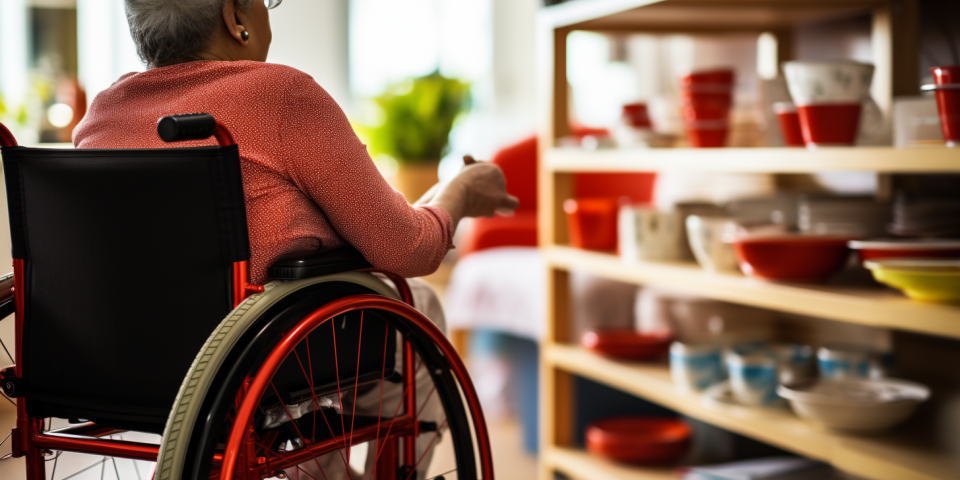 Woman in wheelchair sitting near shelves with dishes on them