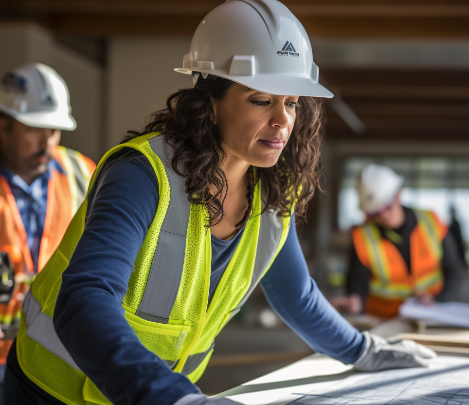 Woman general contractors reviewing blueprints